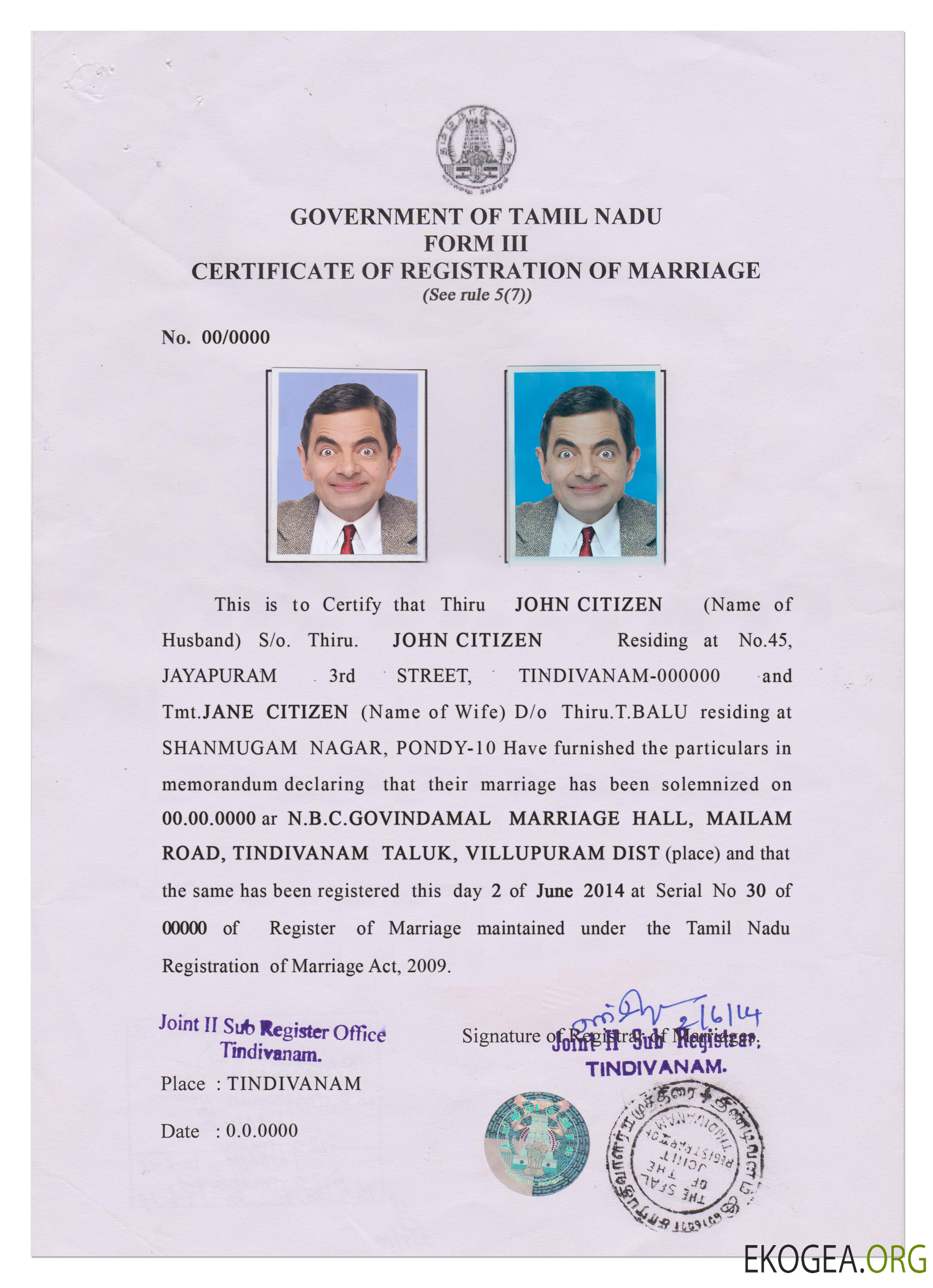 INDE (TAMIL NADU) acte de mariage